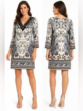 Hale Bob boho tunic dress paisley floral embellished V-neck Size Large EUC